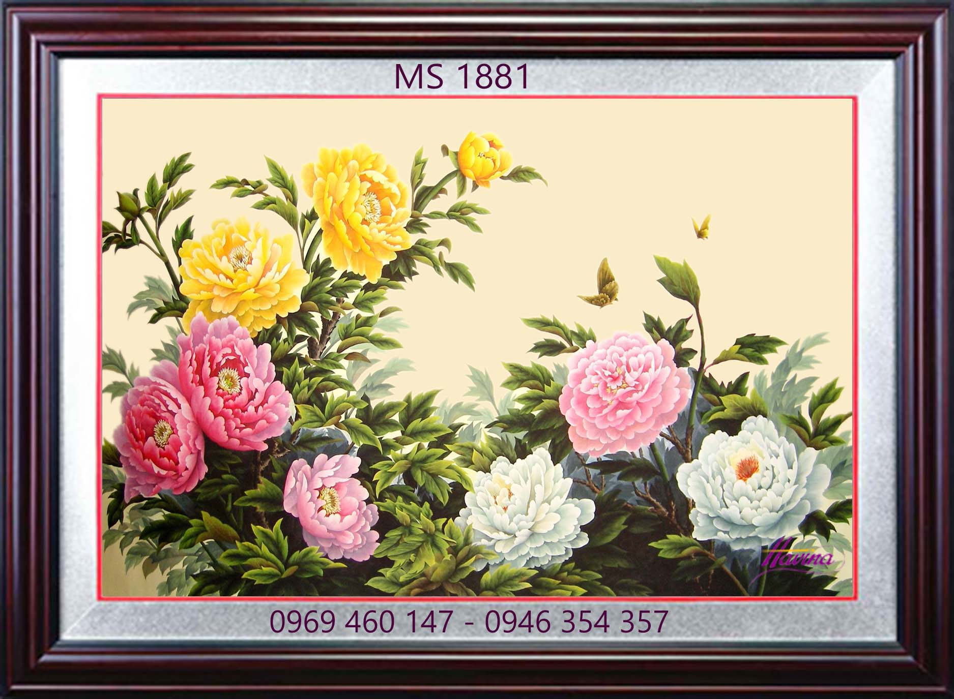 Tranh thêu hoa mẫu đơn 09 bông MS 1881