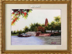 Tranh thêu tay Huế Ms 5045 -  Linh Mụ bên dòng Hương